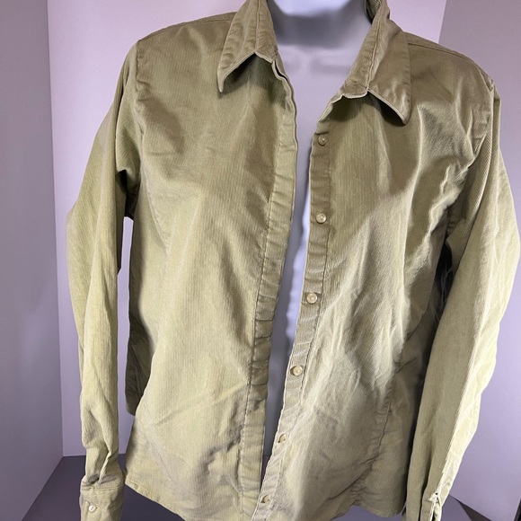 L.L. Bean Tops - LL Bean Corduroy Soft Button Up Shirt Woman’s Size Large Olive Green White Spot